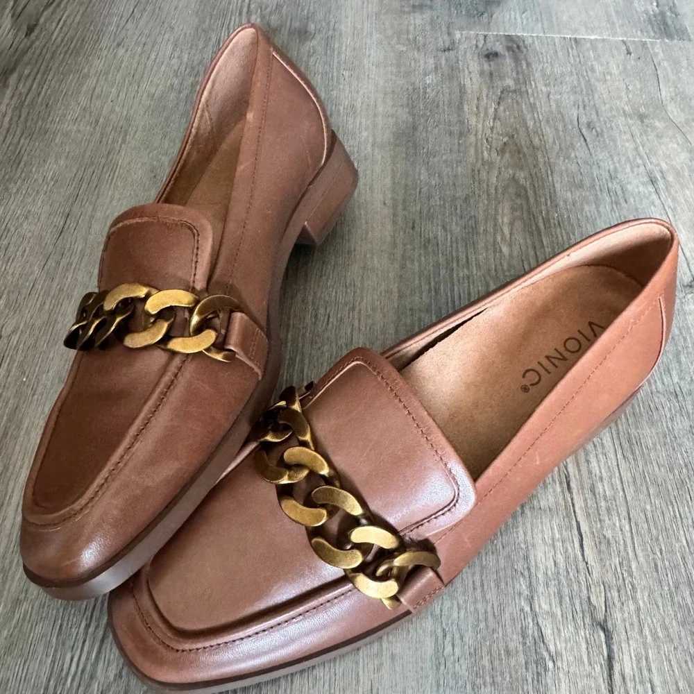 Vionic Mizelle Tan Leather Chain Link Loafers Womens‎ 6.5 Shoes